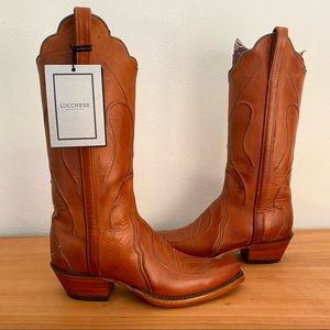 Lucchese Women's Cognac Burnished Ranch Hand Leather Snip Toe Western Boots